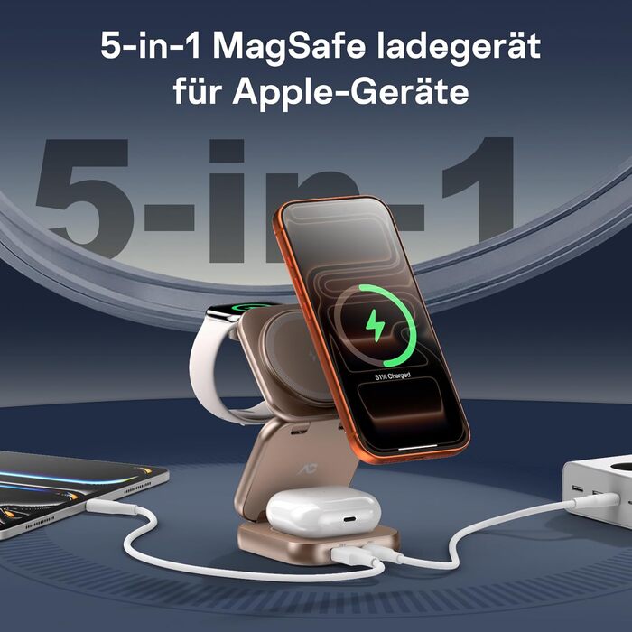 Зарядна станція 5 в 1 для iPhone з підтримкою магнітного зарядного пристрою, складна для подорожей, бездротовий зарядний пристрій для iPhone 17/16/15/14/13/12, AirPods Pro 3, Apple Watch S11/Ultra (Titan Wüstensand), 2026