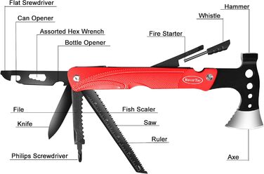 Camping Gear Multitool Axe Gifts: Multifunction Tool Axe Gifts for Men Dad Him, 14-in-1 Axe Hammer Knife Saw Bottle Opener Fire Starter Whistle for Camping Survival Hiking