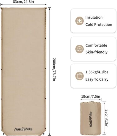 Naturehike Саморозкладаючий килимок для сну 5 см, туристичний килимок для кемпінгу, з'єднується з іншими, для наметів, гамаків, походів, сімейного кемпінгу, R-значення 4.8, зелений (хакі)
