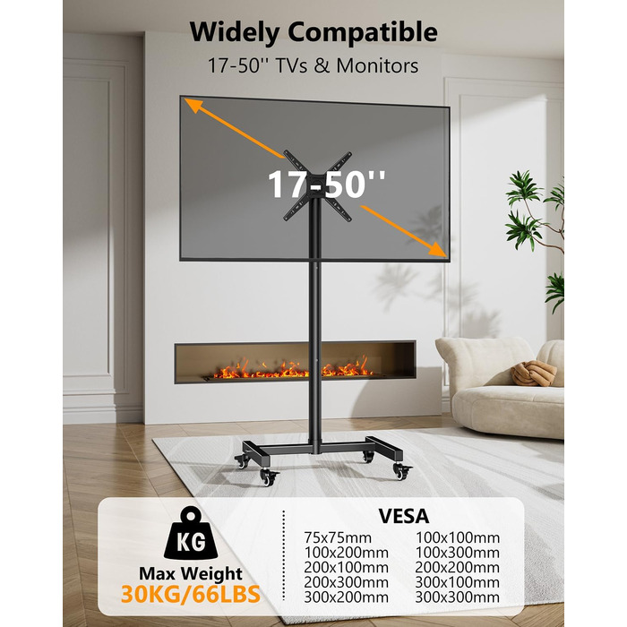 Підставка для телевізора WHYFONE на коліщатках, поворотна 180°, для телевізорів та моніторів 17-50 дюймів, мобільна, регульована висота, VESA до 300x300 мм, до 30 кг