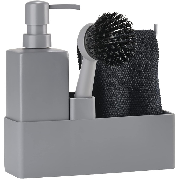 Zone Denmark Dishwashing Set, Dish Organizer with Soap Dispenser/Dish Soap Dispenser, Dishcloth and Dish Brush, 19 x 6 x 20.5 cm, 4-Piece Set, (0.4 liters, Cool Grey)