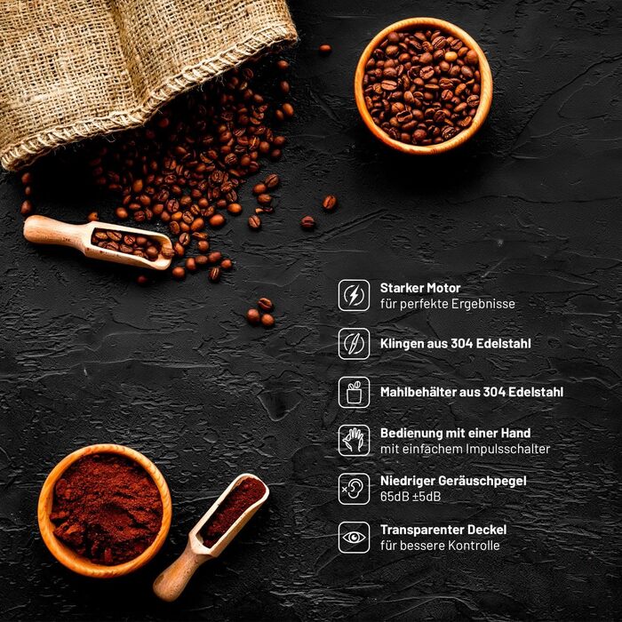 Електрична кавомолка Lauben Grinder 200ST: нержавіюча сталь, 200 Вт, для кави та спецій, з функцією ударного подрібнення, об'єм 50 г