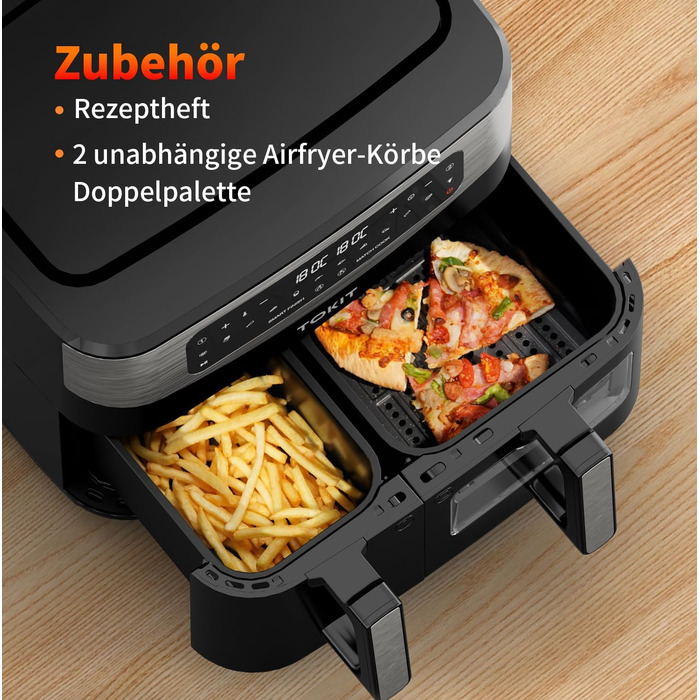 Фритюрниця TOKIT з подвійним зондом, 2800 Вт, 10 л, 12 програм, з вікном, без олії, 2 ящики, LED-touchscreen, 90% менше жиру