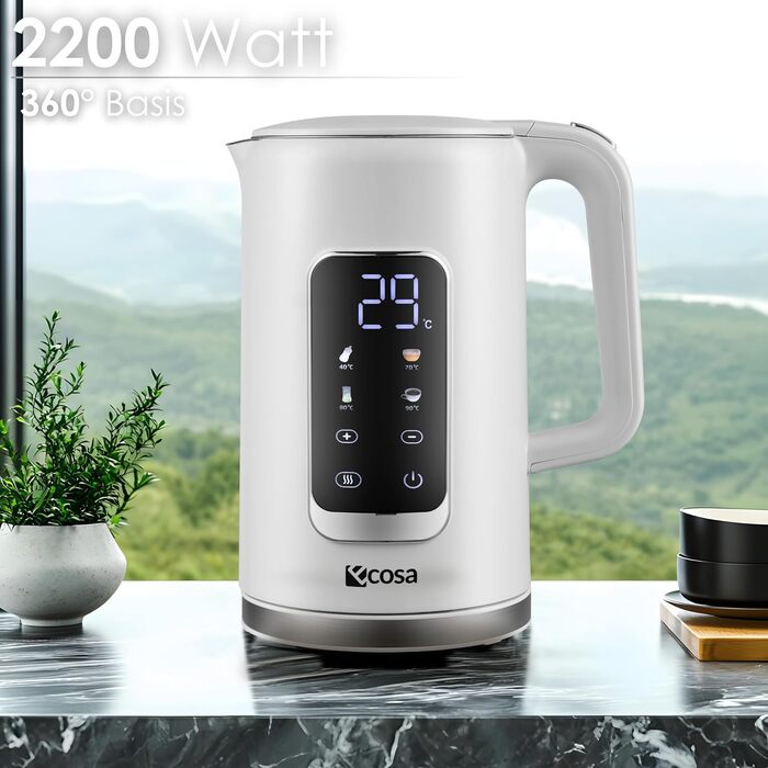 Електричний чайник-заварник зі сталлю, регулювання температури 40-100°C, 1,7 л, 2200 Вт, з підігрівом, LED дисплеєм, без BPA, білий Wanda