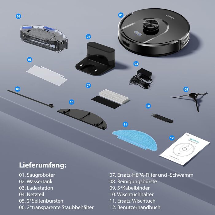 Робот-пилосос з функцією миття підлоги Tikom L8000 Pro, 6000Pa, LiDAR, 150 хв, APP, 14 зон, для шерсті тварин, килимів та твердих підлог, чорний
