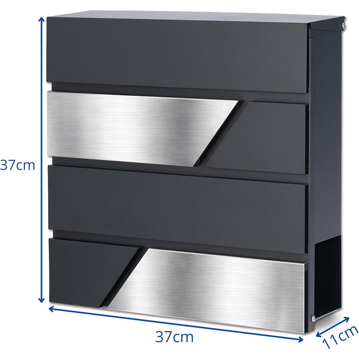 Поштова скринька Verda з газетницею, антрацит RAL 7016, срібло, 37x37x11 см, 2 ключі, комплект для монтажу. Дизайнерська настінна поштова скринька