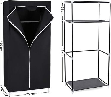 SONGMICS Fabric Closet, Foldable, with Clothes Rod, Simple Closet, Toy, Shoe, Bag Organizer, Living Room, Bedroom, Wardrobe, 75 x 45 x 160 cm, (Black)