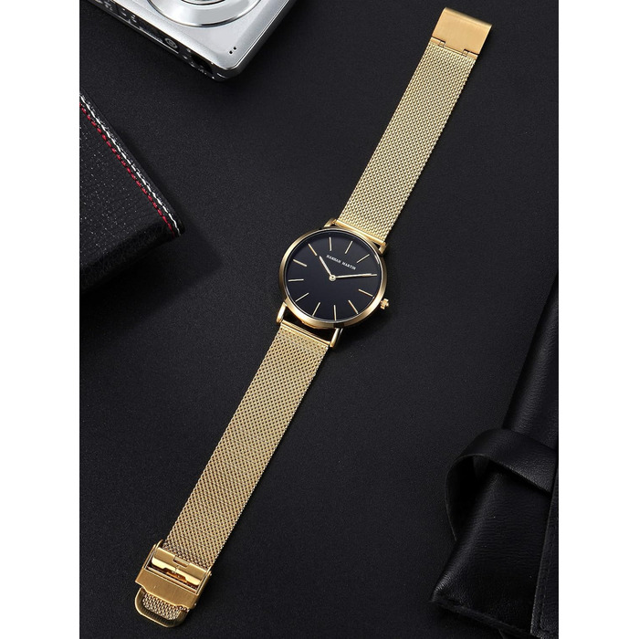 Жіночий годинник Hannah Martin: аналоговий кварц, водонепроникний, з нержавіючої сталі, ультратонкий, сітка-браслет (чорний корпус, золотий браслет)