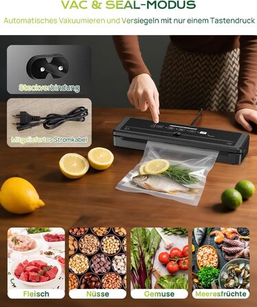 Вакуумний пакувальник 5-в-1 для продуктів харчування: сухий/вологий режим, зберігає свіжість до 7 разів довше, 70 кПа, вбудований різак, шланг, 10 пакетів