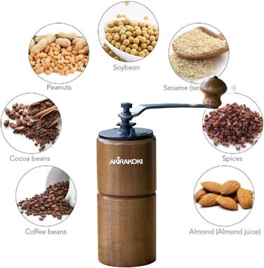 Ручна кавомолка Akirakoki з дерева та чавуну, велика ємність, регульована ступінь помолу, для подорожей та кемпінгу (коричневе дерево)