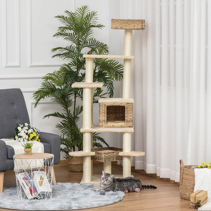 PawHut Дряпка для котів з ротангу, H174 см, XXL котячий комплекс з котячим будиночком, платформами для сидіння, котячою печерею, сизаль, Бежевий+Коричневий | Aosom