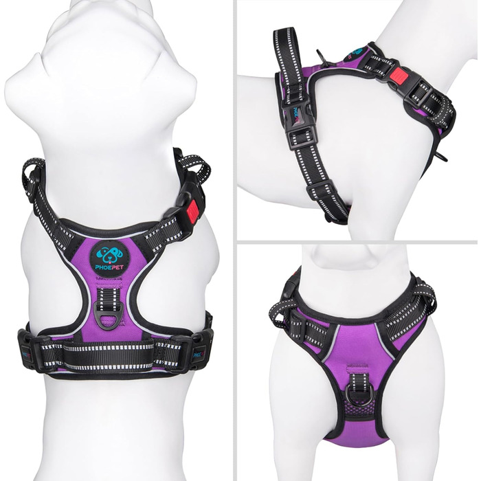 Шлейка для собак PHOEPET регульована, для прогулянок, з карабіном, світловідбиваючими смугами, ручкою, для малих та великих собак (S, фіолетовий)
