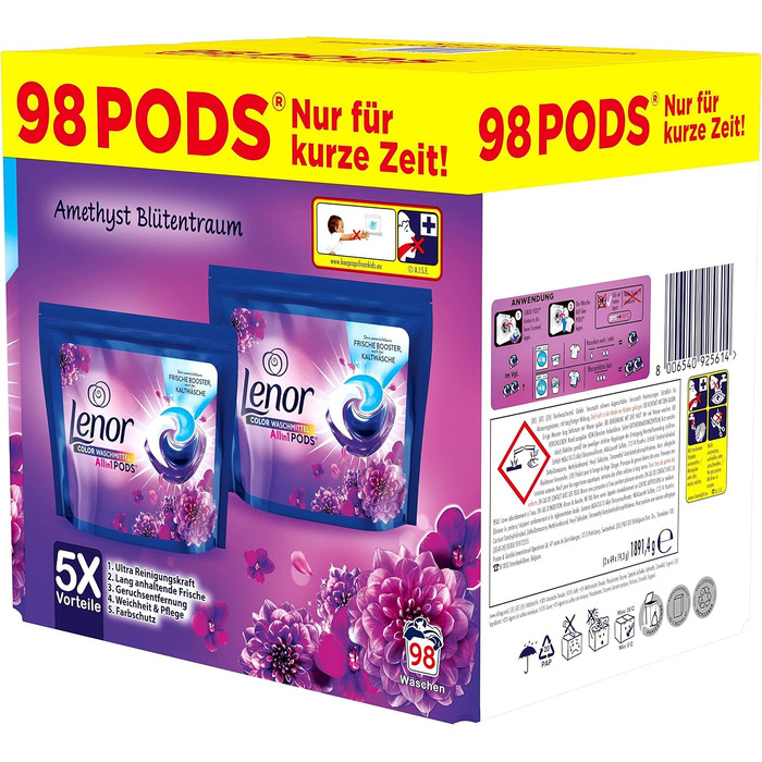 Капсули для прання кольорових речей Lenor All-in-1 PODS Amethyst Blütentraum, гігієнічне глибоке очищення та тривала свіжість, 98 шт