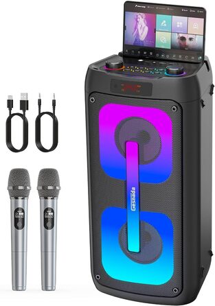 Портативна караоке-машина з 2 мікрофонами та LED-підсвіткою, Bluetooth, PA-система, для дому та вечірок, чорна