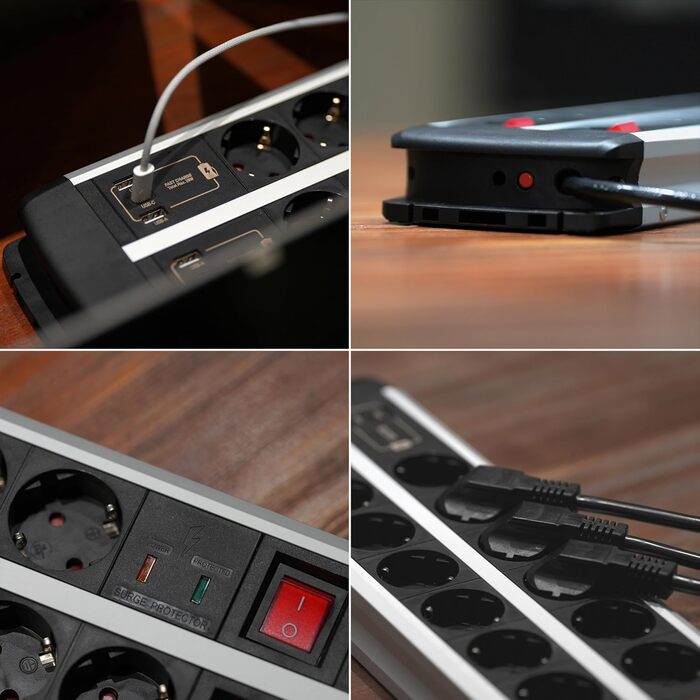 Мережевий фільтр Ucomen 10-фазний з USB та захистом від перенапруги (3680W 16A) для комп'ютерних столів, 20W USB-A та USB-C зарядка, кабель 1.5м