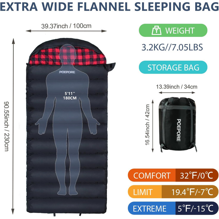 Сплячий мішок Outdoor Winter для дорослих, Extra Wide, 3-4 сезони, XXL, теплий бавовняний фланелевий ковдровий спальний мішок для кемпінгу, походів, пригод, 230 * 100CM, червоний, L-Zip, 0℃