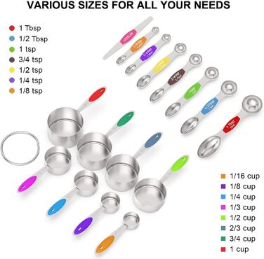 Wildone Measuring Cups and Magnetic Measuring Spoon Set, Stainless Steel, 16-Piece Set, 8 Measuring Cups, 7 Double-Sided Stackable Magnetic Measuring Spoons, 1 Leveler