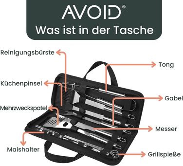 Набір для гриля AVOID - 28 предметів. Якісний набір аксесуарів для гриля з нержавіючої сталі. Ідеальний подарунок для чоловіків, татуся. Комплект для барбекю.