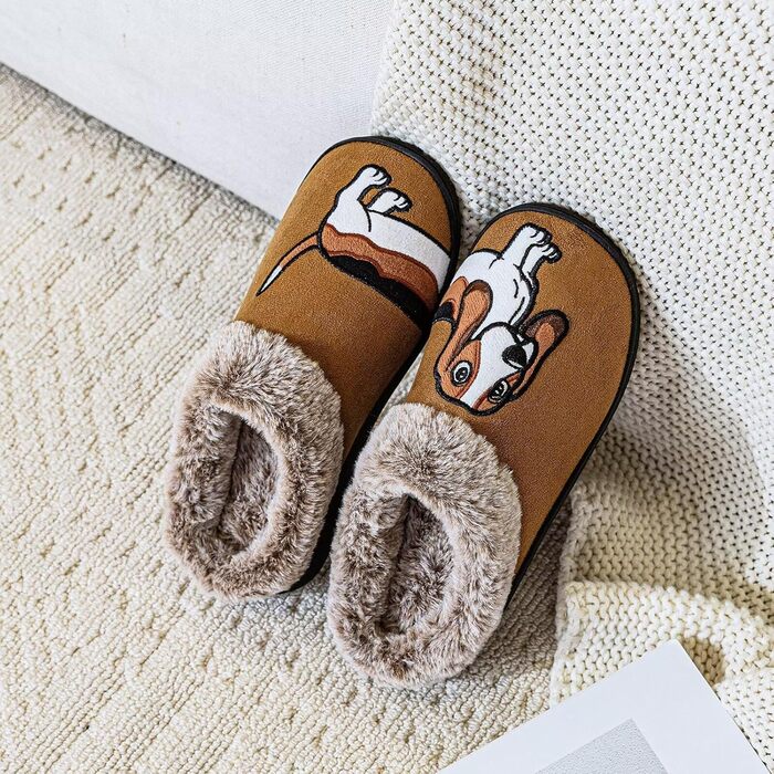 Тапочки домашні жіночі чоловічі з вишивкою у вигляді милого собачки, теплі, з плюшевою підкладкою, зимові, 36/37 EU, коричневого кольору