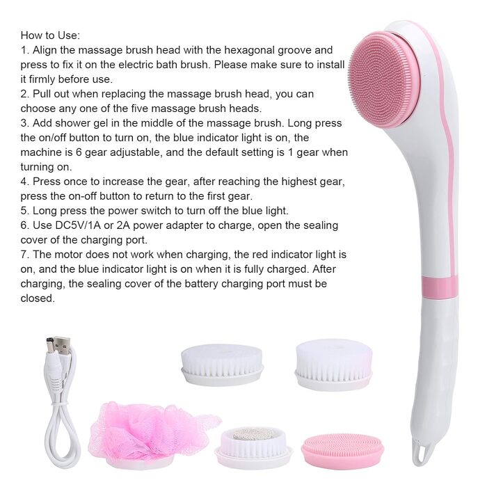 Electric Body Scrub Brush with USB Charger, 6 Speed Adjustable Body Brush Set Shower Brush Back Scrubber Multifunction Long Handle Massager, Long Handle for (Pink)