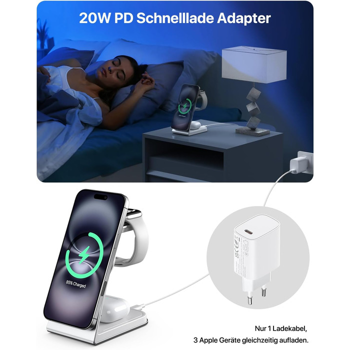 Зарядний стан MagSafe 3 в 1: для Apple Watch, iPhone та AirPods Pro 3/2. Бездротова зарядка для iPhone 16/15/14/13/12 (срібло)