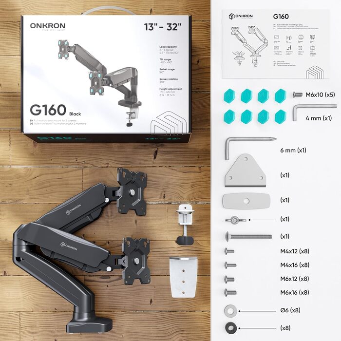 Кріплення для монітора ONKRON G160-W (білий) – 2 монітори, 13-32 дюйми, до 8 кг, VESA 75x75-100x100