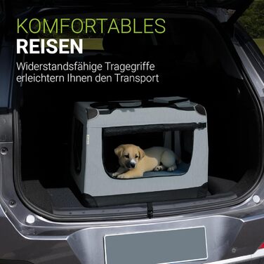 Juskys Collapsible Dog Carrier Box with Blanket, Bag & Handles - Portable Dog Travel Box for Dogs, Cats & Pets - Oxford Fabric Dog Crate, Car Pet Carrier - Grey (70x50x52 cm)