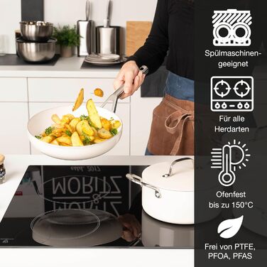 Moritz & Moritz 7-Piece Aluminum Cookware Set with Lids, Induction Compatible, including 2x Sauce Pots with Lids, 1x Serving Pan with Lid, and 1x Induction Frying Pan. Induction Cookware Set for all Cooktops, Cream color.
