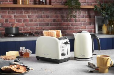 Тостер Russell Hobbs Colours Plus, 2 скибки, нержавіюча сталь, кремовий, широкі відсіки, підставка для булочок, 6 режимів підсмажування, функція розморожування, Lift & Look, 1600 Вт