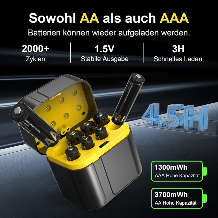 SURFOU Акумулятори Li-Ion 4xAA + 4xAAA з зарядним пристроєм, 1300 мАг, 1600+ циклів, 4xAA 3700мАг, 4xAAA 1300мАг