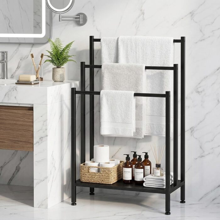 Підставка для рушників підлогова металева, рушниківець freestanding на 3 стріжні, чорний — для ванної кімнати, вітальні та спальні