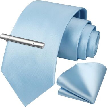 HISDERN Комплект краваток для чоловіків: краватка, кишеньковий хустинка та краватки-затискач. Класичний однотонний дизайн, світло-блакитний колір, для урочистих подій, весілля, свят.