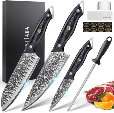 Ніж кухарський MOSFiATA Дамаск 8 дюймів - Японський кухонний ніж з дамаської сталі з набором (3 шт.)