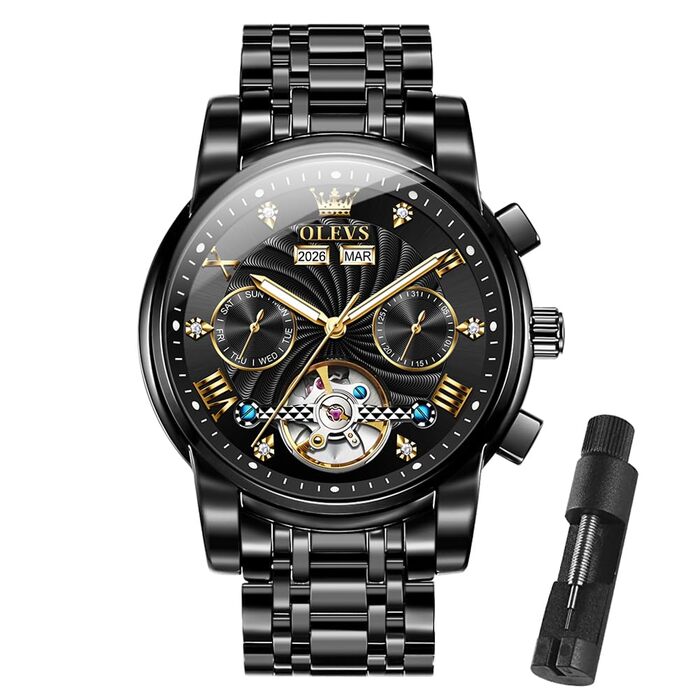Чоловічий механічний годинник OLEVS з автопідзаводом, турбійоном та календарем, водонепроникний, світловий циферблат (7088 All Black)