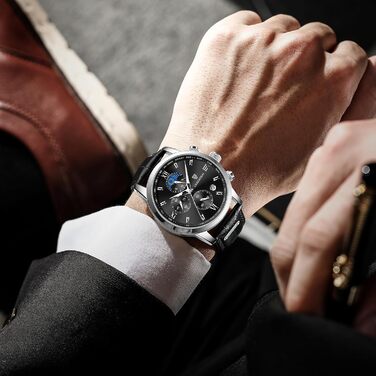 Годинник чоловічий LIGE, Хронограф, Аналоговий кварц, Ремінець зі шкіри, Календар, Світлодіодне підсвічування, Водостійкий 3ATM, Чоловічий годинник для бізнесу та відпочинку, Чорний