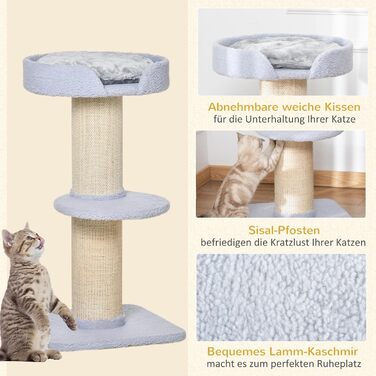 PawHut Cat Tree Small 91 cm Cat Tree with Cat Bed, Cat Scratching Post Play Tree Scratching Post with Platform for Cats up to 5 kg Sisal Lambswool Light Blue