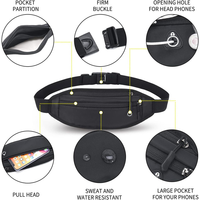 Гірчиця поясна сумка QKUDS для телефону до 7 дюймів, чорна, водонепроникна, для спорту, бігу, фітнесу, велоспорту