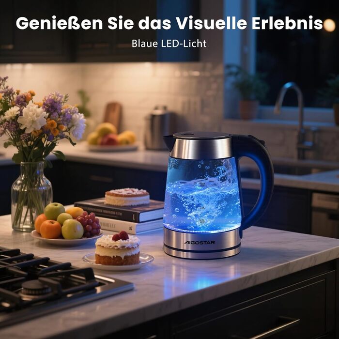 Електричний чайник Aigostar 1.7л, 2200W, LED, без BPA, скло Borosilikat, фільтр від накипу, чорний (Chubby)