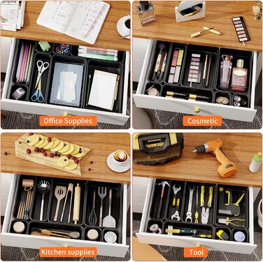45 Piece Drawer Organizer Set for Office with 3 Sizes, Vanity Makeup Organizer Drawer, Storage Desk Organizer Drawer System for Kitchen, Bedroom, Bathroom, Office, Grey (4 - Sizes, Black (25 Pieces))