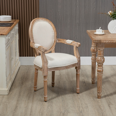 HOMCOM Kitchen Chair Dining Chair with Linen Look, Armchair with Backrest, Wooden Legs, Padded Chair up to 150 kg Load Capacity, Crème | Aosom