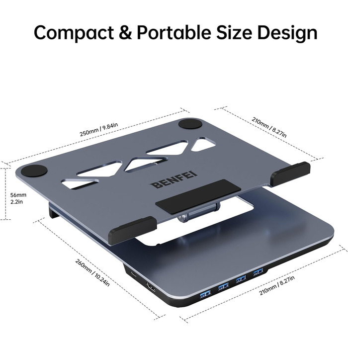 Алюмінієва підставка для ноутбука BENFEI з USB-C 6-в-1 док-станцією, HDMI 4K 60Гц, 4xUSB 3.0, Power Delivery 100Вт, сумісна з MacBook Pro/Air, iPad Pro, XPS, ThinkPad