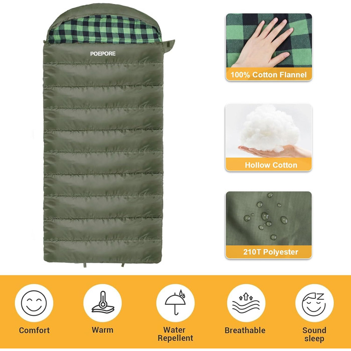 Спальний мішок Poepore Outdoor Winter для дорослих, Extra Wide, 3-4 сезони, XXL, теплий бавовняний фліс, 230*100см, 0°C