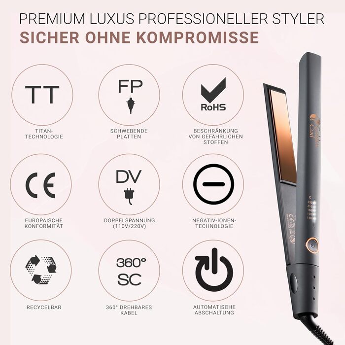 2-in-1 Hair Straightener & Curling Wand - Control Rose Gold - 5 Year Warranty