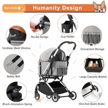 Візок для собак 3 в 1, візок для котів до 15 кг, сірий. Складаний візок для собак та котів з сумкою-переноскою, для маленьких та середніх тварин. З дощовим покриттям