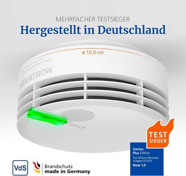 Hekatron Genius Plus – Smoke Detector 10-Year Battery – Stiftung Warentest Test Winner – made in Germany – incl. 1x adhesive pad – App-supported – Fire Alarm – multilingual – 1 piece