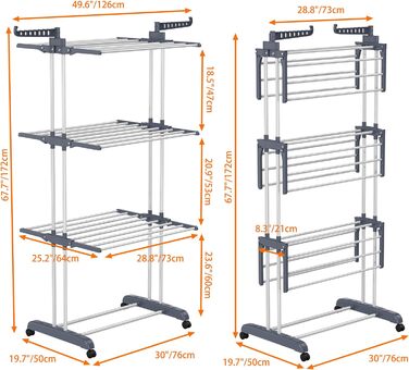 Сушарка для білизни Turm, турбо сушарка для білизни з 6 розкладних крил та 2 бічні крила, мобільна сушарка для білизни з колесами для дому та вулиці (сіра)