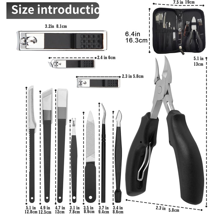 Набір для манікюру та педикюру Fingernagel 11 в 1 для товстих та врослих нігтів: кусачки, пилочки, інструменти для догляду за руками та ногами (чоловічі, жіночі, для літніх людей) з кейсом для подорожей