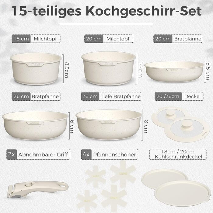 Набір кухонного посуду YASHE 15 предметів: каструлі та сковорідки з гранітно-посудомийним покриттям, знімні ручки, компактний, легко миється, сумісний з індукцією, газом та склокерамікою, білий