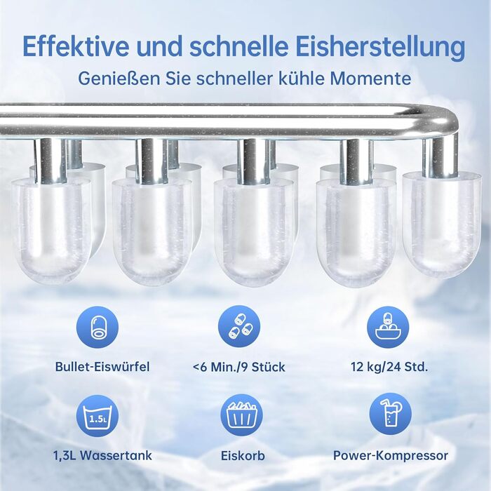 Машина для приготування льоду WIE 1.3 л з лопаткою, 9 кубиків за 6 хвилин, тиха, самоочисна, для кухні, офісу, бару, вечірки (срібна)