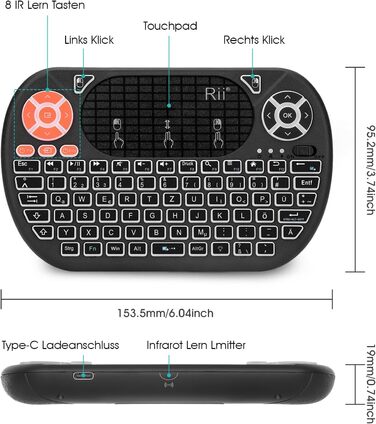 Бездротовий ігровий комплект клавіатури та миші Rii, Bluetooth + 2.4GHz, LED-підсвічування, QWERTZ (Mini)